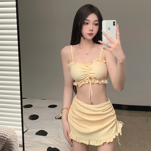抽绳聚拢木耳花边分体少女裙式 性感露背修身 泳衣女三件套 新款 夏季
