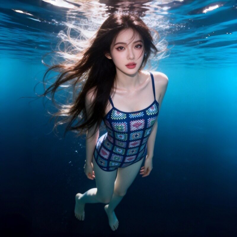 2026新款连体卡通格子吊带时尚泳衣女性感露背显瘦竞技运动风泳装