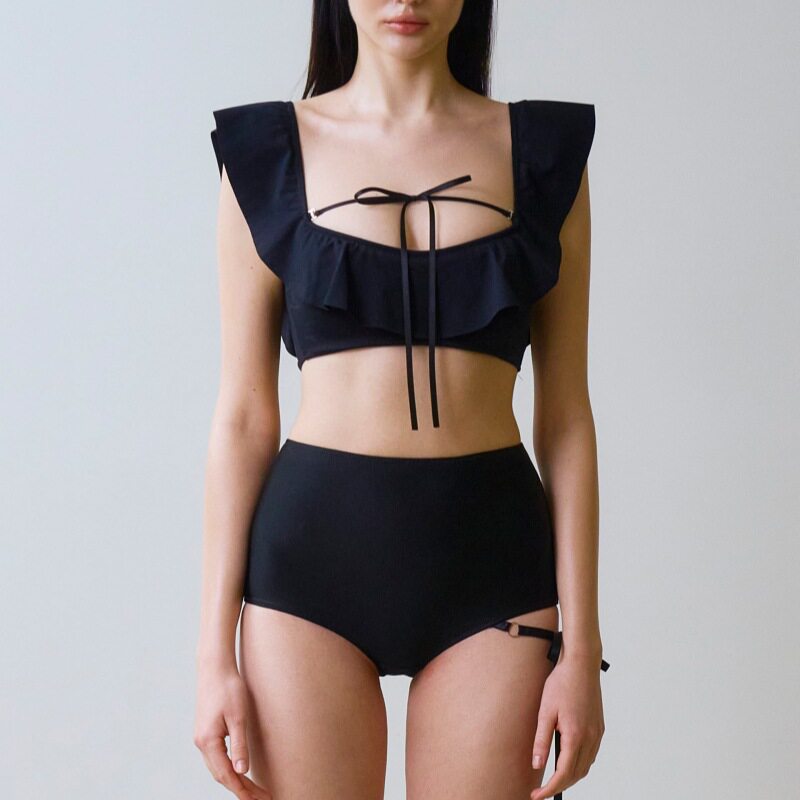 新款韩国ins风比基尼性感复古简约荷叶边高腰遮肚系绳分体泳衣女