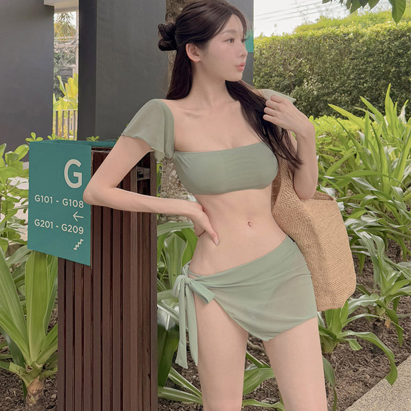 工厂新款韩版泳衣女性感露背大小胸聚拢纯色三件套分体比基尼