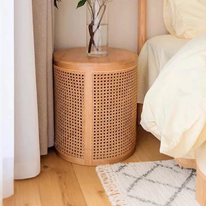 藤编床头收纳柜侘寂风小实木边几凳圆形置物架卧室小型编织脏衣篓
