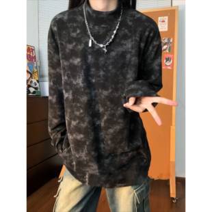 美式德绒扎染长袖t恤男女款秋冬双面绒半高领打底衫时尚保暖卫衣