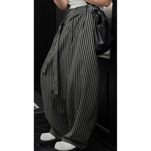 痞帅长裤 竖条纹慵懒感直筒阔腿裤 秋季 自带腰带休闲裤 潮 子男女同款