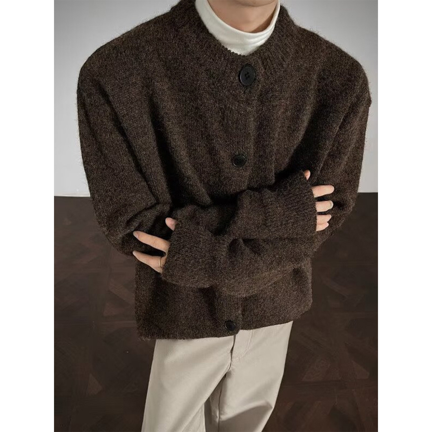 老钱风棕咖色开衫毛衣男女同款
