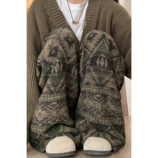 日系毛呢裤子男女同款秋冬加厚重磅直筒卫裤民族花纹痞帅休闲长裤