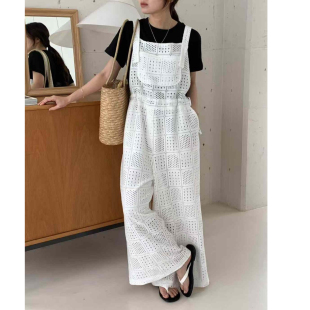 女宽松收腰连衣裤 韩国东大门时尚 方格小镂空蕾丝高腰阔腿背带裤
