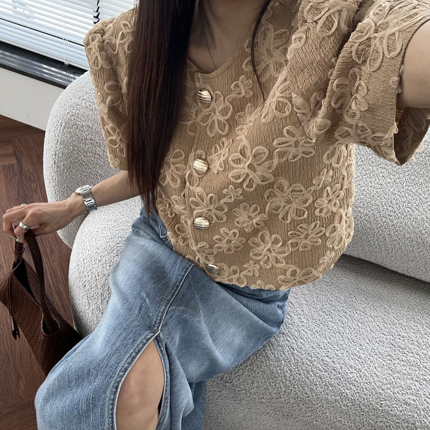 韩国小香风花朵刺绣短袖衬衫女