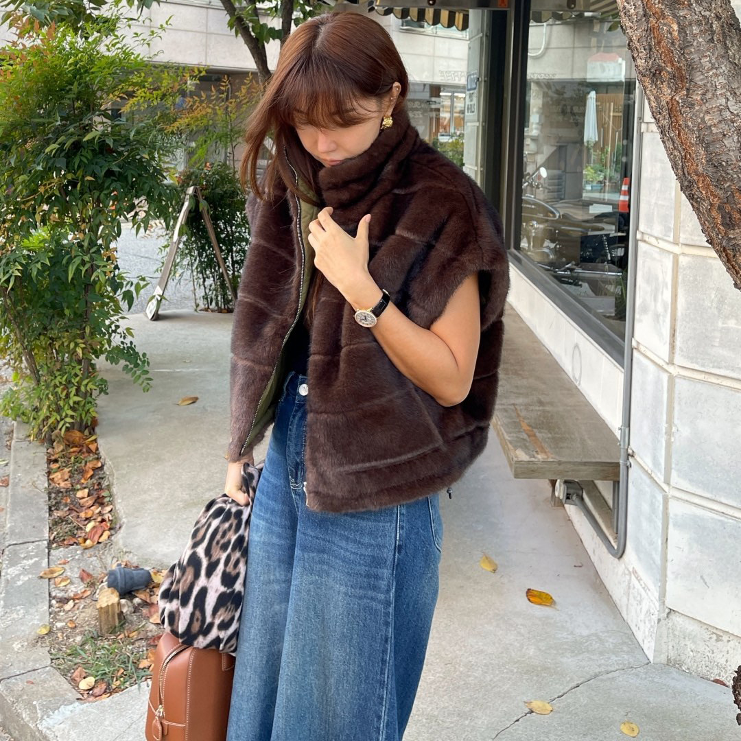 韩国东大门仿水貂毛两面穿马甲棉服背心女短款坎肩皮草马夹外套