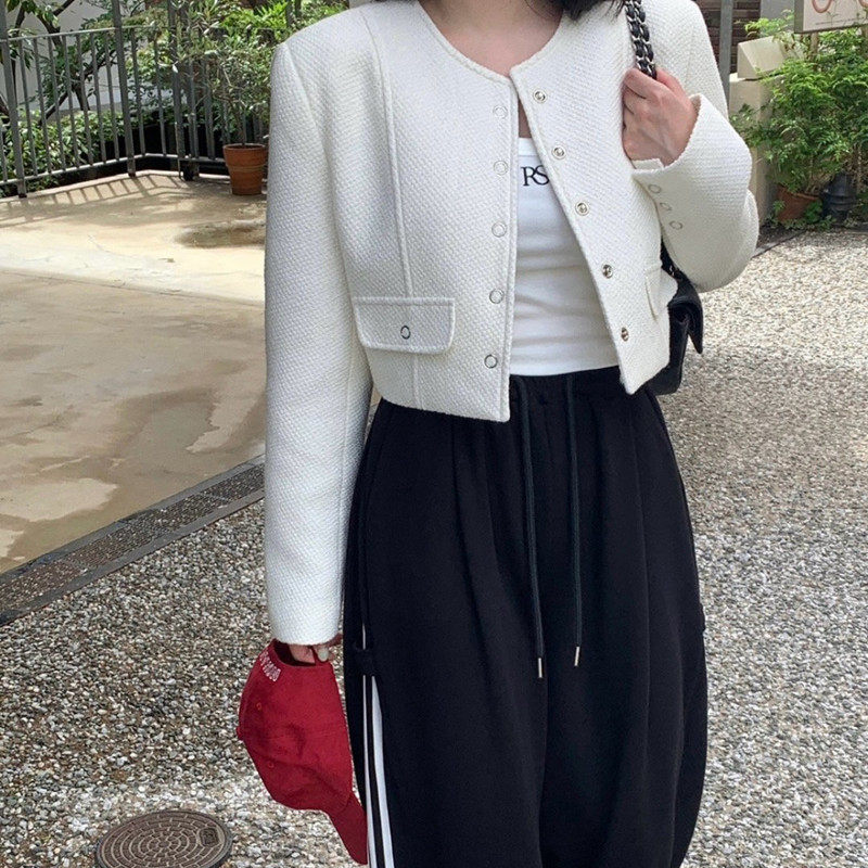 韩国圆领单排扣粗花呢西装外套女