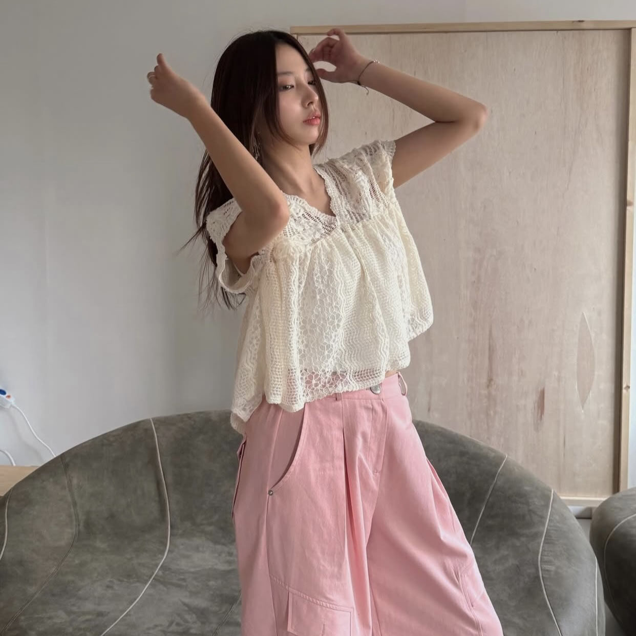 韩国东大门法式蕾丝钩花V领后背镂空绑带宽松短袖衬衫女小衫上衣