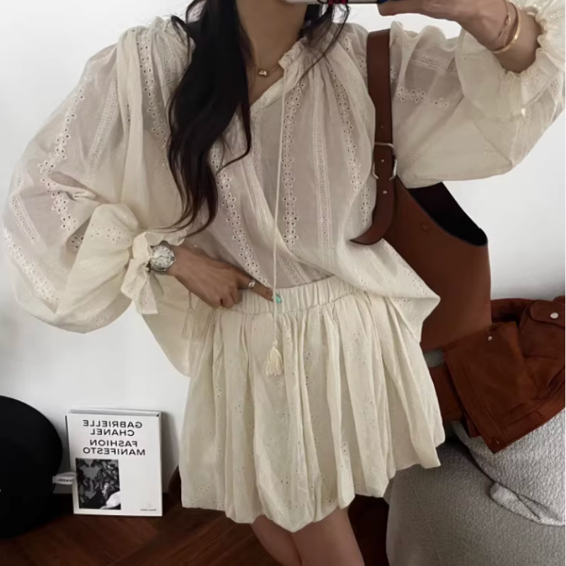 韩国东大门时尚宽松镂空刺绣提花长袖夏衬衫+高腰半身裙两件套女