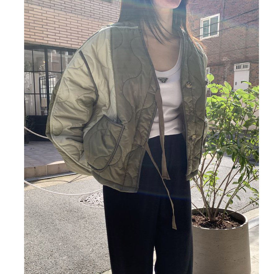 韩国东大门2025冬复古撞色拼接菱格V领宽松双口袋保暖棉服外套女