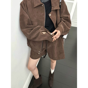 韩国东大门时尚复古翻领鹿皮绒宽松拉链夹克外套女+休闲短裤套装
