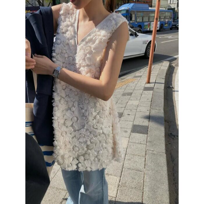 韩国立体花朵V领背心裙连衣裙