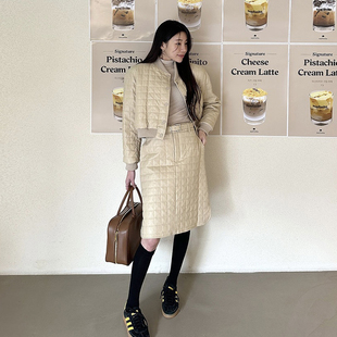 韩国东大门甜美立领菱格压纹短款棉服外套女+高腰a字半身裙套装