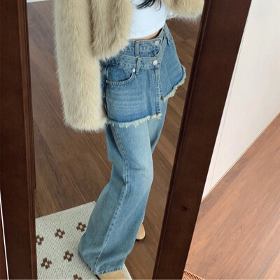 韩国假两件高腰直筒牛仔裤