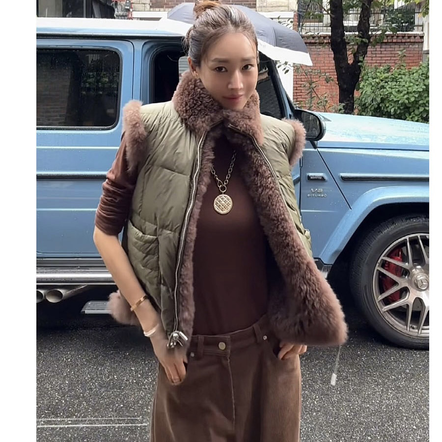 韩国毛领两穿马甲棉服皮草外套女