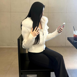 韩国东大门针织袖拼接双拉链短外套收腰显瘦仿皮草毛领棉服外套女