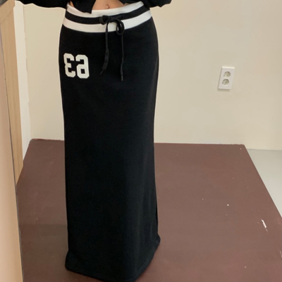 韩国数字撞色系带后开叉半身裙女