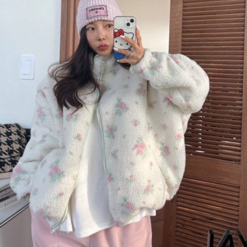 韩国东大门撞色碎花羊羔毛宽松拉链加厚夹棉保暖大衣棉服外套女冬