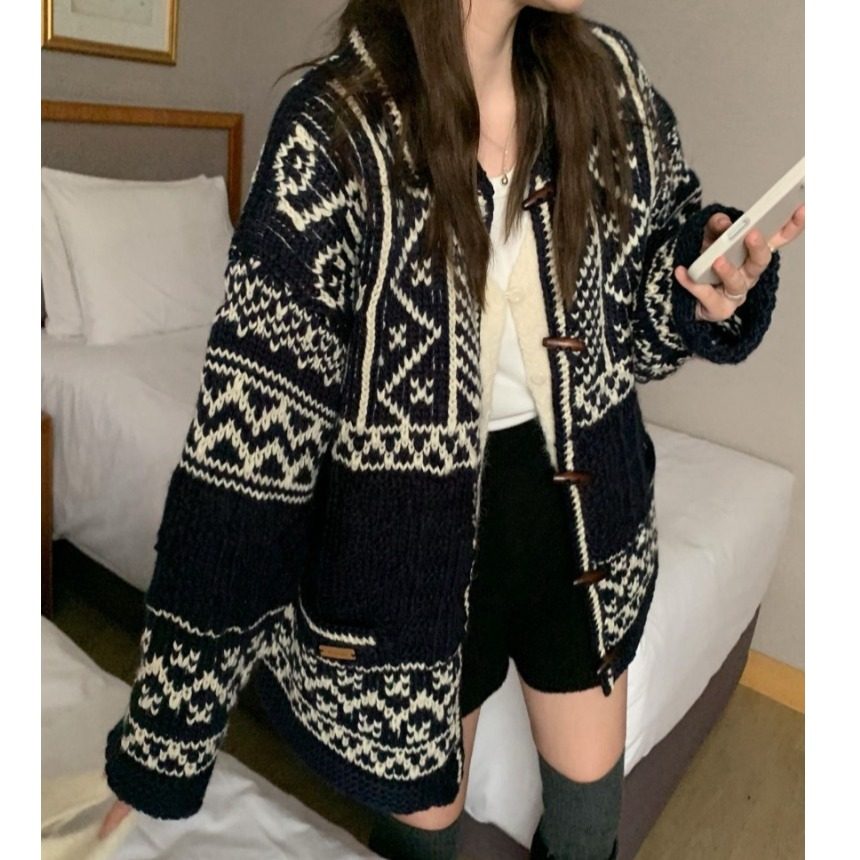 韩国东大门复古费尔岛提花翻领牛角扣宽松毛衣针织开衫保暖外套女,女装/女士精品,毛衣,淘宝优惠券,粉丝福利购,淘宝优惠卷