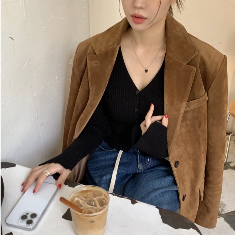 韩国复古鹿皮绒西装外套女