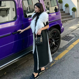 韩国东大门皮毛一体中长款过膝大衣外套女麂皮绒仿狐狸毛皮草马甲