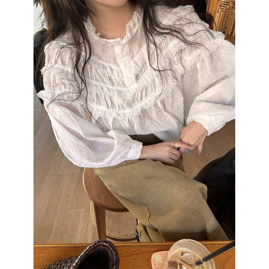 韩国蕾丝花边小波点泡泡袖衬衫女