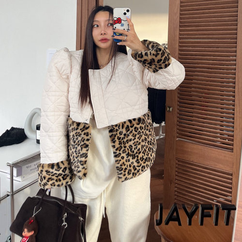 韩国豹纹拼接菱格皮草棉服外套女