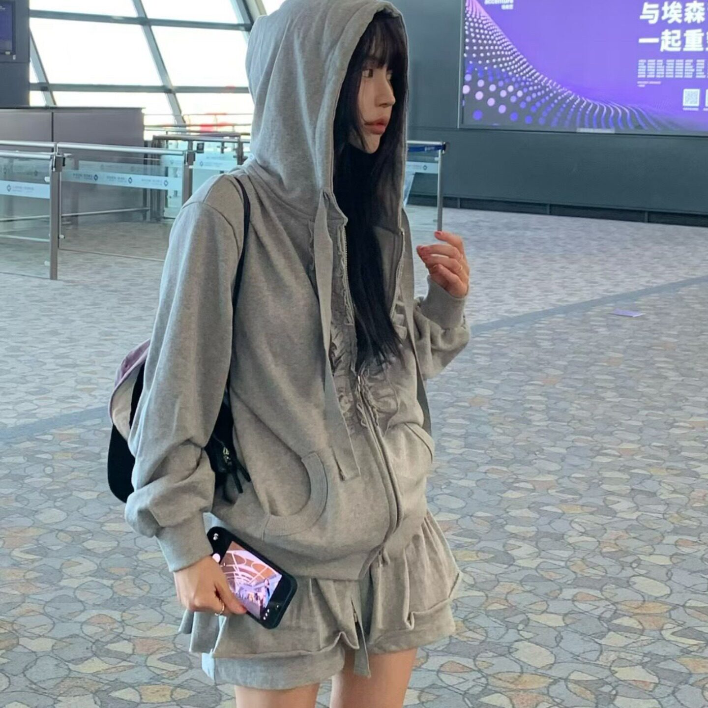 韩国连帽拉链卫衣+短裤裙两件套