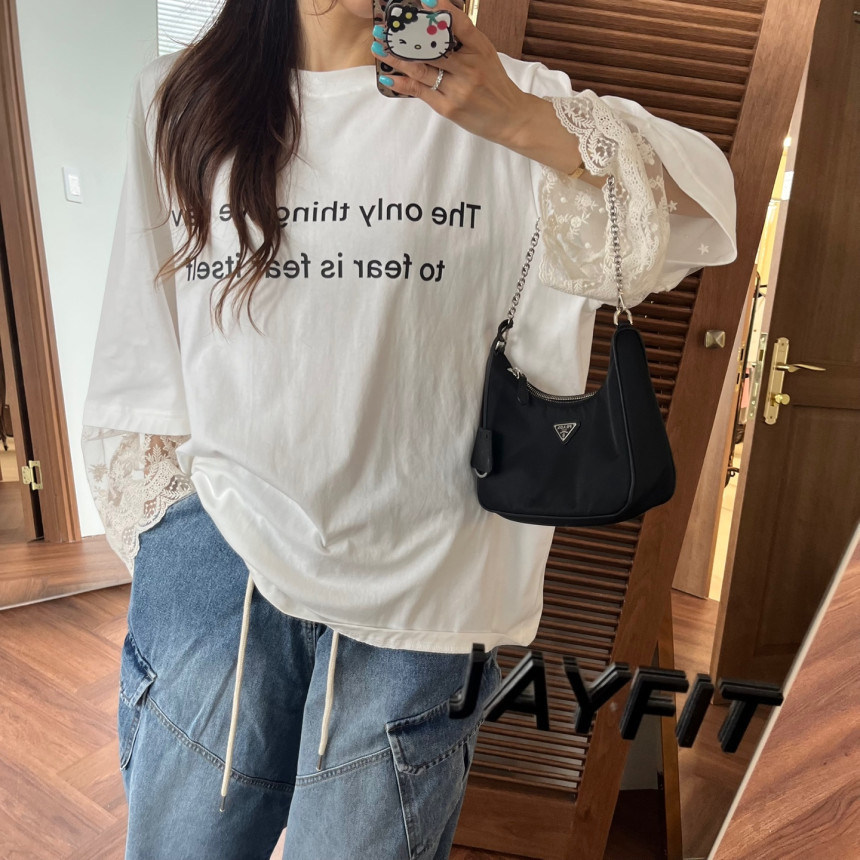 韩国圆领宽松字母蕾丝袖子T恤女