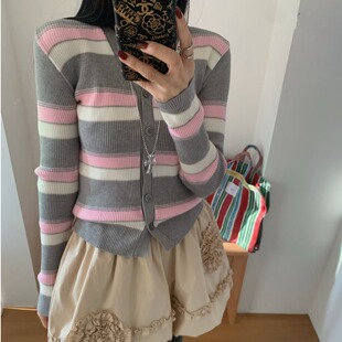 韩国东大门2026春温柔百搭条纹糖果拼色单排扣螺纹毛衣针织开衫 女