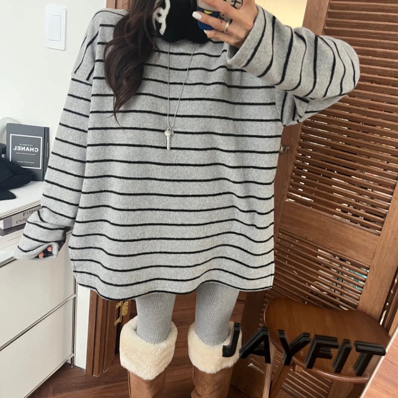韩国条纹磨毛侧开叉打底衫T恤女