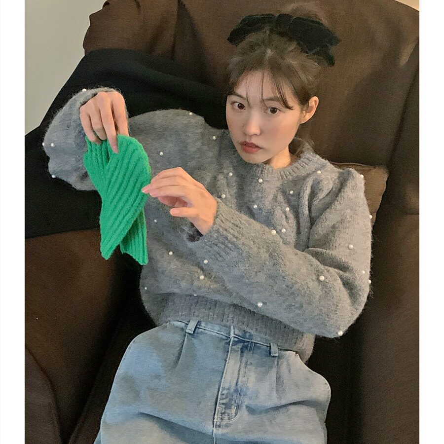 韩国东大门法式名媛圆领钉珠点缀泡泡袖麻花长袖针织衫保暖毛衣女