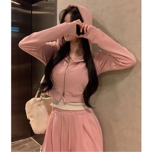 韩国东大门秋冬小个子双头拉链连帽卫衣外套女+高腰休闲卫裤套装