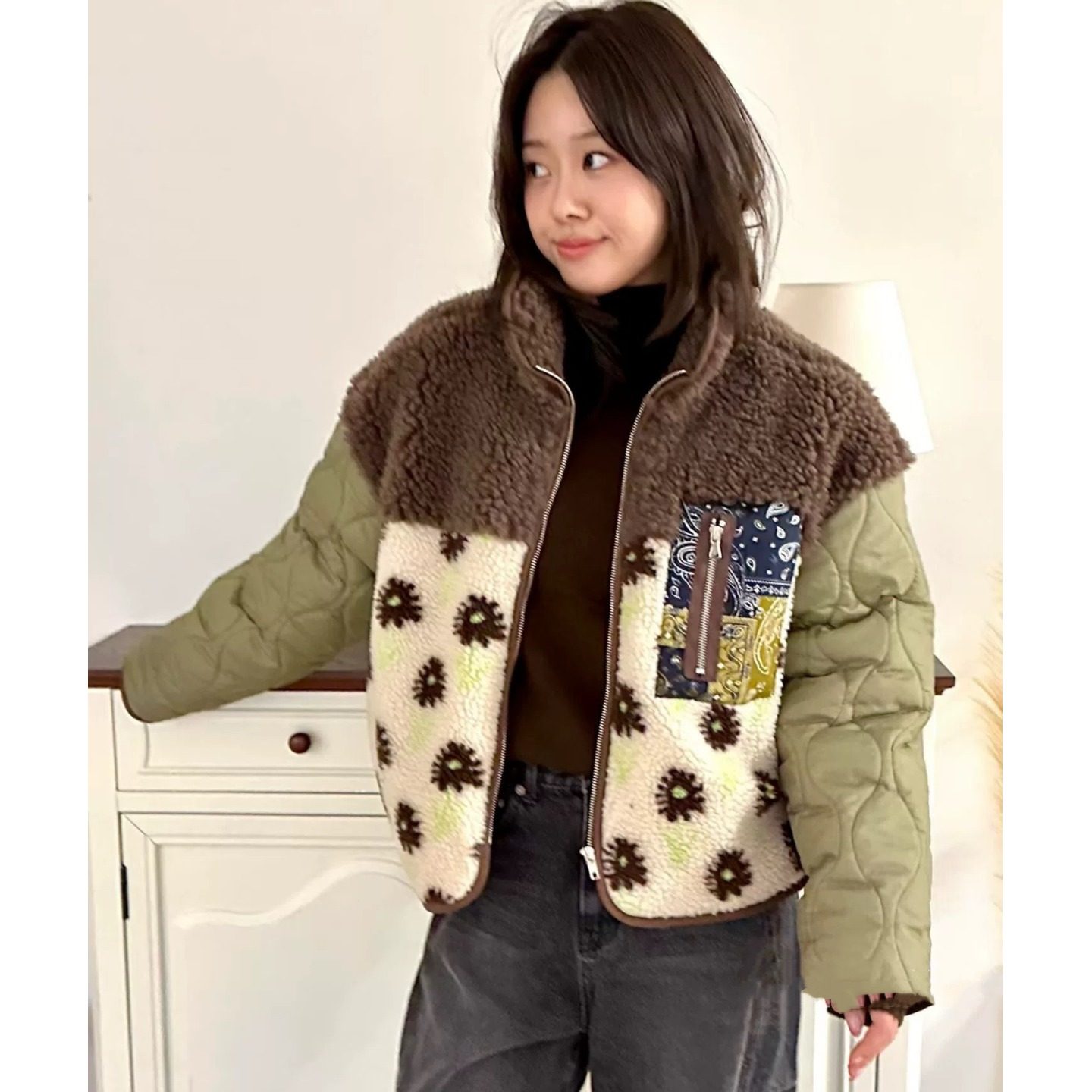 韩国提花撞色拼接棉服羊羔毛外套