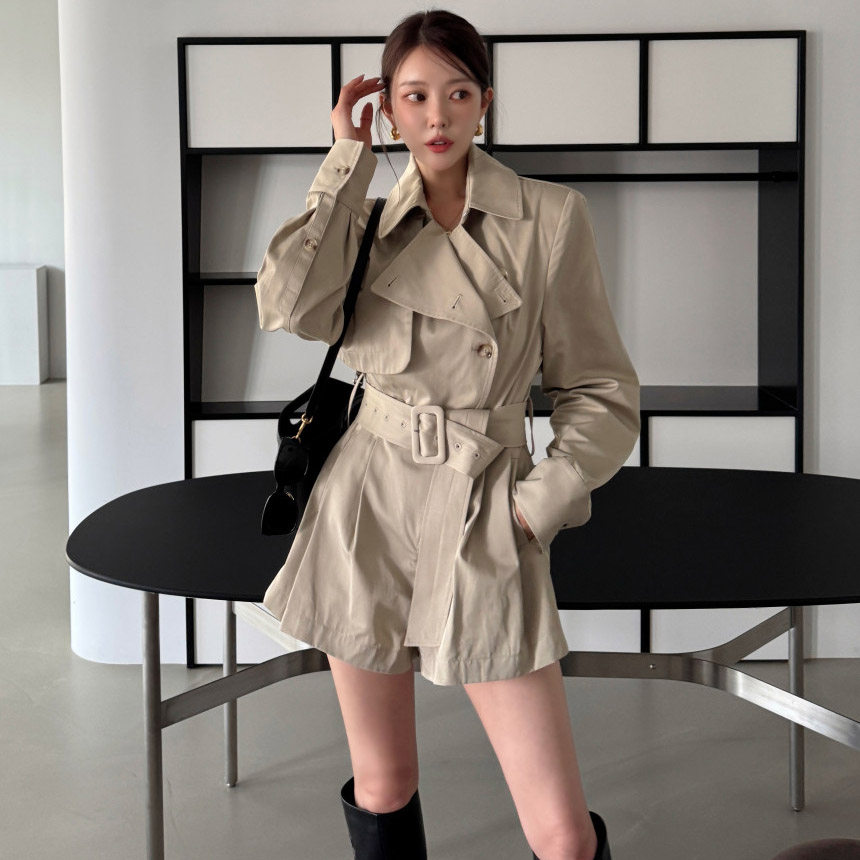 韩国翻领系带收腰风衣式连衣裤女