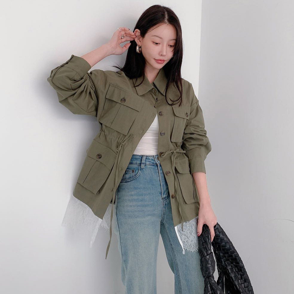 韩国东大门2025春装时尚气质翻领多口袋宽松抽绳收腰工装风衣外套
