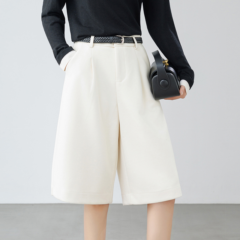 米白色羊绒阔腿裤女秋冬季2025新款小个子七分裤羊毛呢高级感中裤