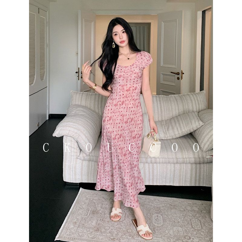 漫织俏皮粉色晕染女波点圆领真丝连衣裙泡泡袖油彩桑蚕丝长裙