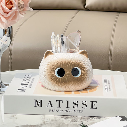 高颜值暹罗猫化妆刷收纳筒桌面梳子收纳盒可爱笔筒办公桌陶瓷摆件