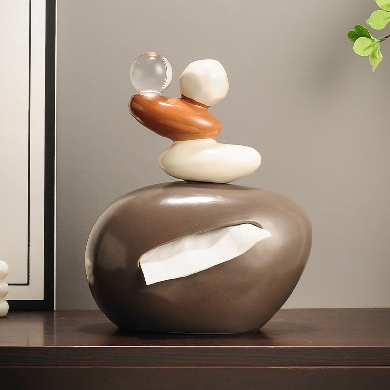 石来运转纸巾盒高档陶瓷客厅纸抽盒陶瓷家用玄关摆件创意餐巾纸盒