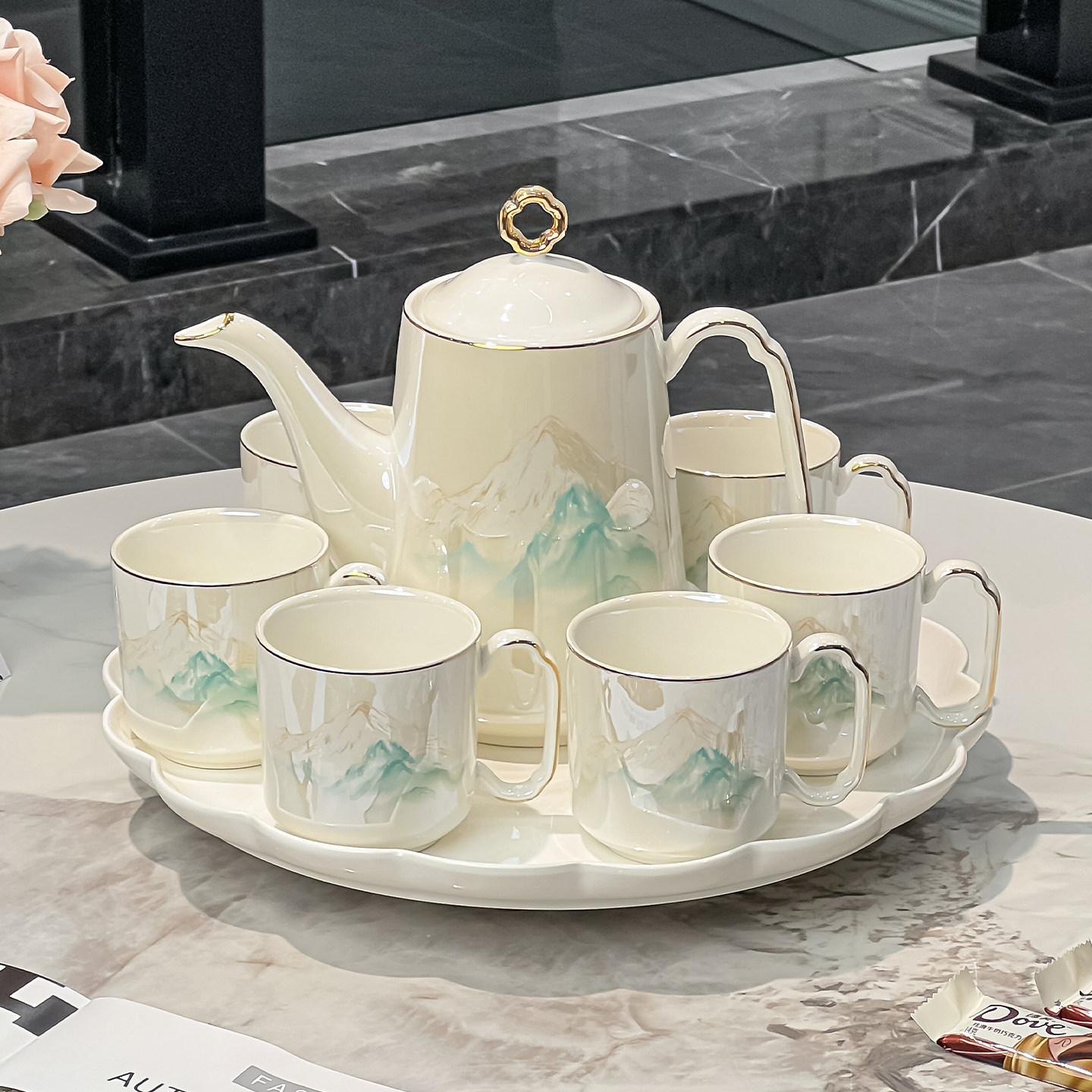 锦绣山河高档陶瓷茶具家用水杯搬新家茶壶轻奢套装乔迁礼盒送长辈