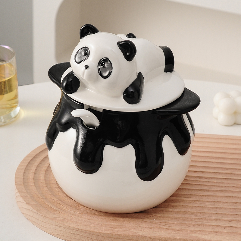 奶油熊猫陶瓷猪油罐家用耐高温辣椒油罐荤油罐子厨房调料罐猪油罐