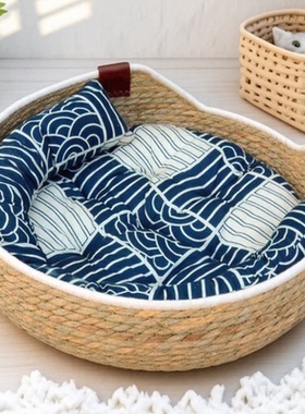 猫窝四季通用冬季保暖垫子藤编半封闭宠物窝猫抓板一体草编兔子窝