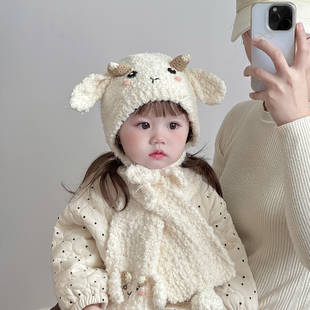 宝宝帽子秋冬季可爱超萌婴儿毛绒帽围巾套装保暖冬天男女童护耳帽