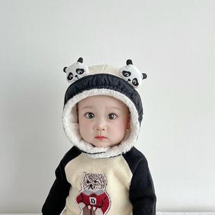 可爱小熊猫宝宝帽子冬季保暖婴儿护耳帽加绒超萌男女童套头帽防寒