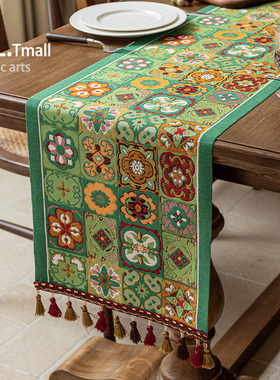 绿色桌旗美式复古乡村田园风餐桌盖布长条桌布电视柜五斗柜盖布