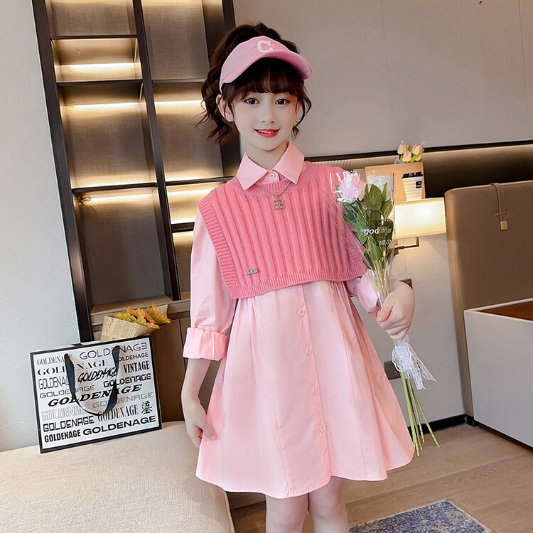 女童连衣裙2025春装新款韩版儿童甜美套装毛线披肩衬衫裙两件套潮