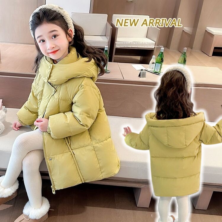 女童冬季新款中长款羽绒棉服冬季保暖柔软舒适小女孩纯色棉袄童装